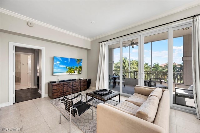 2738 Tiburon Blvd E Unit B406, Naples, FL 34109 - living room with crown molding, light tile patterned floors, and ceiling fan