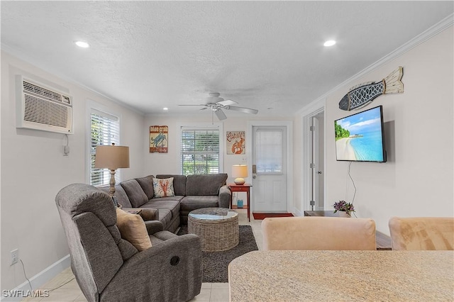 782 107th Ave N, Naples, FL 34108 - living area featuring crown molding, recessed lighting, light tile patterned floors, a wall mounted air conditioner, and ceiling fan