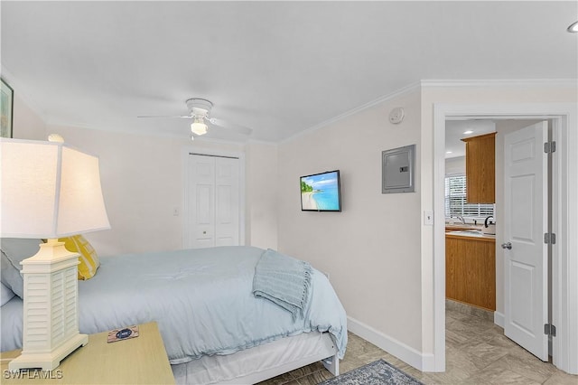 782 107th Ave N, Naples, FL 34108 - bedroom with crown molding, electric panel, a closet, and ceiling fan