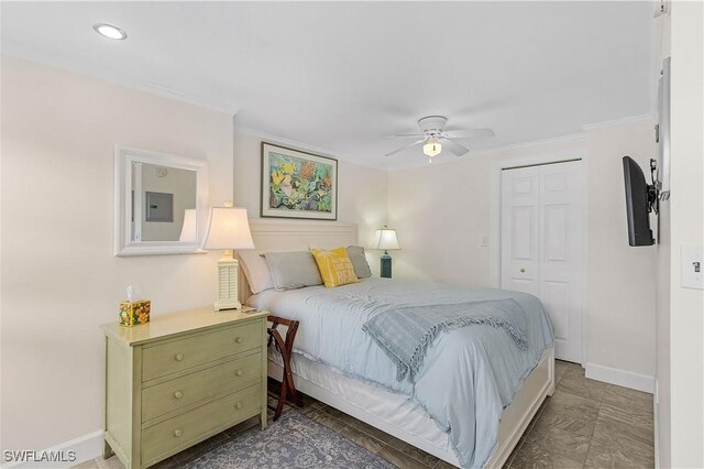 782 107th Ave N, Naples, FL 34108 - bedroom featuring ornamental molding, a closet, recessed lighting, and ceiling fan