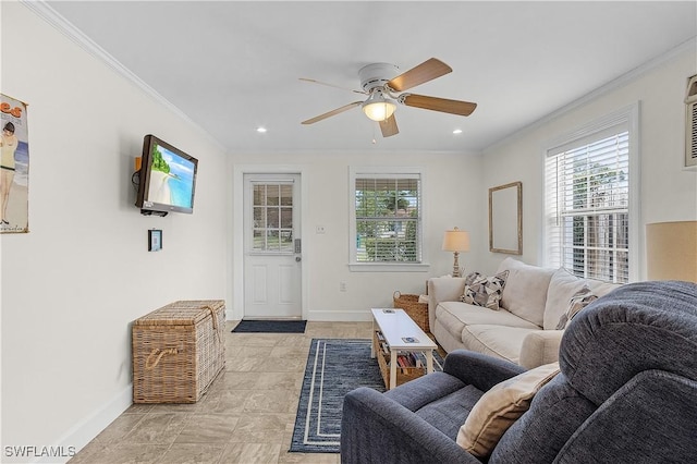 782 107th Ave N, Naples, FL 34108 - living room featuring crown molding, a ceiling fan, and recessed lighting