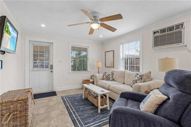 782 107th Ave N, Naples, FL 34108 - living area featuring crown molding, plenty of natural light, a wall unit AC, ceiling fan, and recessed lighting