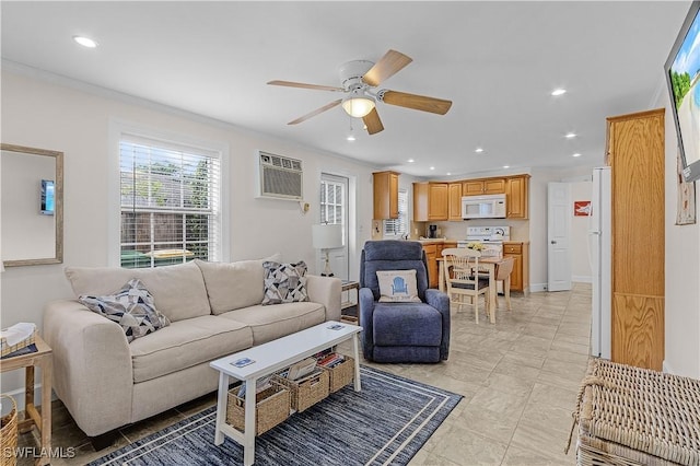 782 107th Ave N, Naples, FL 34108 - living room featuring a wall mounted air conditioner, recessed lighting, a ceiling fan, and ornamental molding
