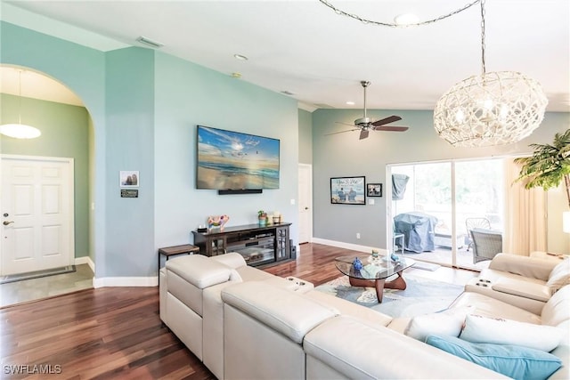 15139 Ligustrum Ln, Alva, FL 33920 - living room featuring wood finished floors, arched walkways, ceiling fan, high vaulted ceiling, and recessed lighting