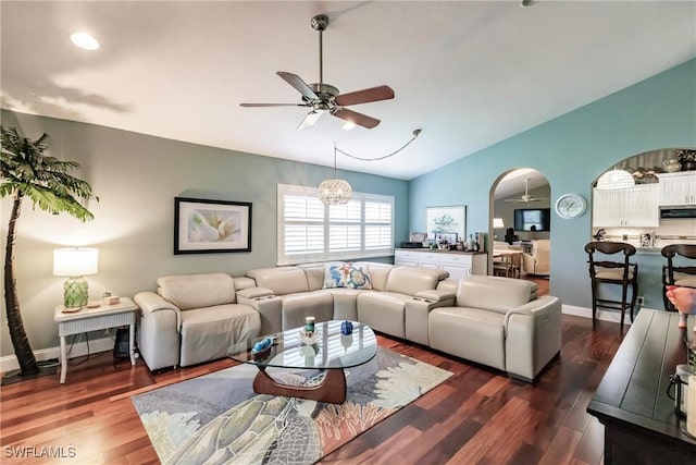 15139 Ligustrum Ln, Alva, FL 33920 - living room featuring ceiling fan, lofted ceiling, dark wood-type flooring, and arched walkways