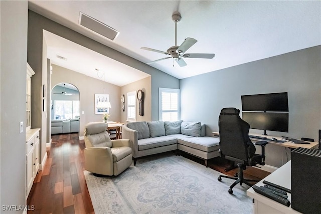 15139 Ligustrum Ln, Alva, FL 33920 - office featuring lofted ceiling, ceiling fan, and wood finished floors