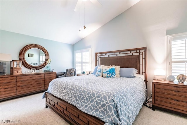 15139 Ligustrum Ln, Alva, FL 33920 - bedroom featuring light carpet, high vaulted ceiling, and ceiling fan