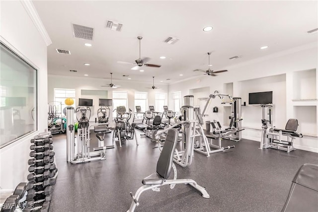 15139 Ligustrum Ln, Alva, FL 33920 - exercise room featuring recessed lighting, ornamental molding, and ceiling fan