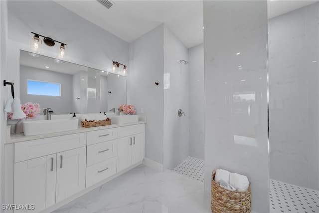 3706 16th St W, Lehigh Acres, FL 33971 - bathroom featuring walk in shower, double vanity, and marble finish flooring