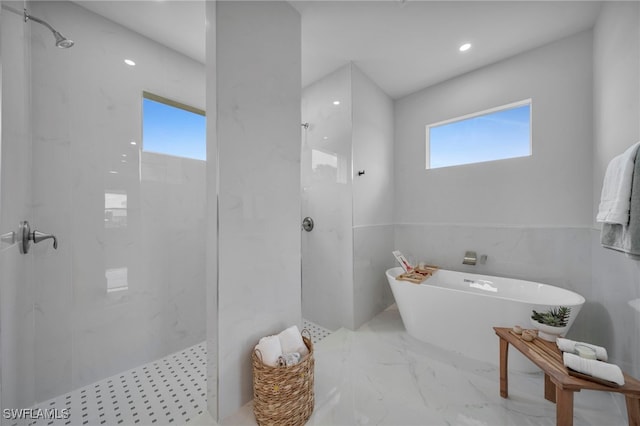 3706 16th St W, Lehigh Acres, FL 33971 - full bathroom featuring a marble finish shower, a freestanding tub, recessed lighting, and marble tiled flooring