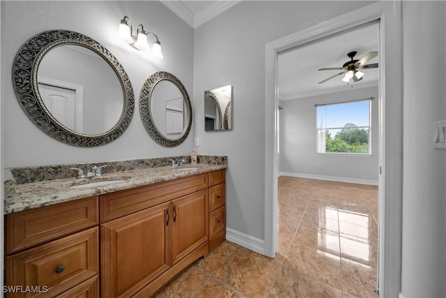 902 E 10th St, Lehigh Acres, FL 33972 - full bathroom with crown molding, double vanity, and a ceiling fan