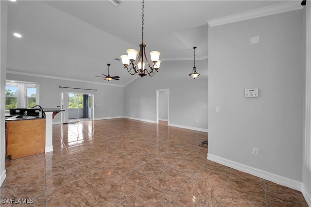 902 E 10th St, Lehigh Acres, FL 33972 - unfurnished living room featuring ornamental molding, a ceiling fan, a chandelier, and lofted ceiling