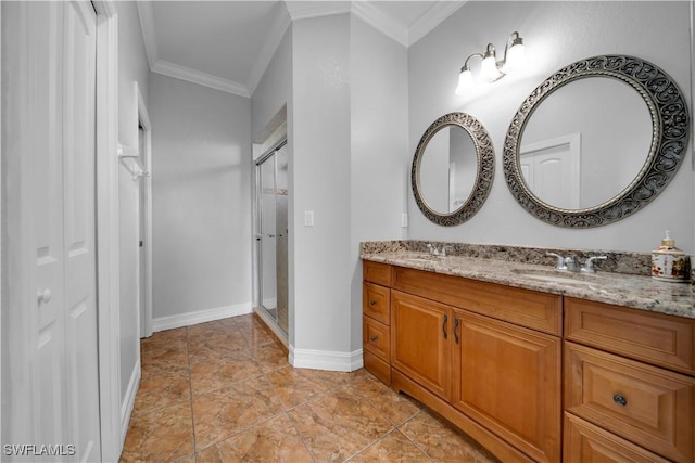 902 E 10th St, Lehigh Acres, FL 33972 - bathroom featuring double vanity, a shower stall, and crown molding