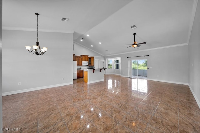 902 E 10th St, Lehigh Acres, FL 33972 - unfurnished living room featuring crown molding, a chandelier, a ceiling fan, and high vaulted ceiling
