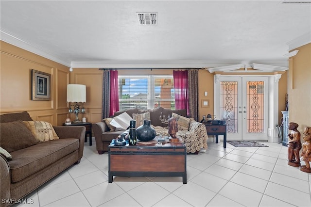 1422 Archer St, Lehigh Acres, FL 33936 - living area featuring crown molding, french doors, and light tile patterned floors