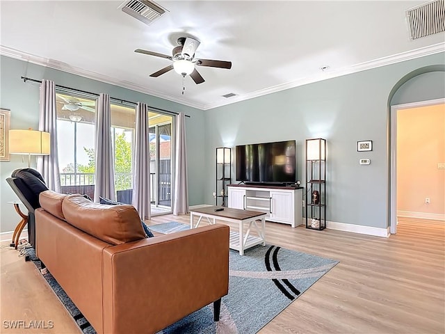 14031 W Hyde Park Dr Unit 201, Fort Myers, FL 33912 - living room featuring wood finished floors, ceiling fan, and crown molding