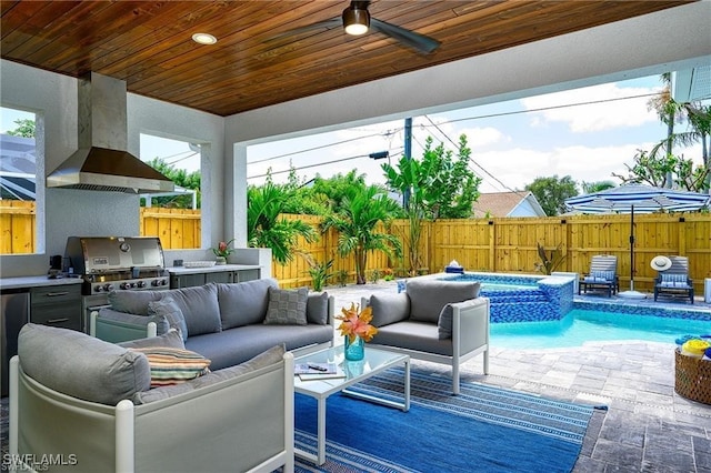 756 108th Ave N, Naples, FL 34108 - fenced backyard with area for grilling, an outdoor hangout area, ceiling fan, a patio area, and a pool with connected hot tub