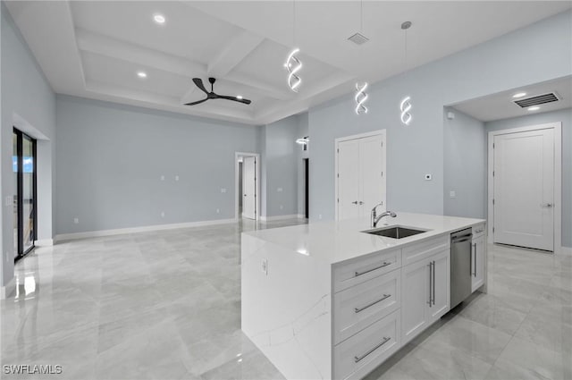 2218 SW 25th St, Cape Coral, FL 33914 - kitchen with stainless steel dishwasher, a ceiling fan, open floor plan, decorative light fixtures, and light countertops
