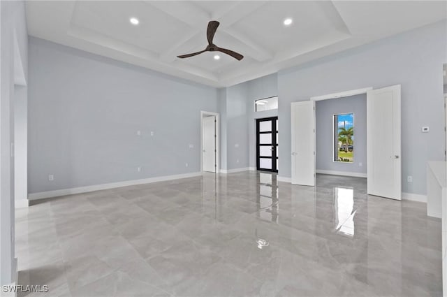 2218 SW 25th St, Cape Coral, FL 33914 - unfurnished room featuring coffered ceiling, a high ceiling, a ceiling fan, recessed lighting, and beamed ceiling