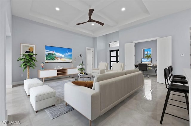 2218 SW 25th St, Cape Coral, FL 33914 - living room with coffered ceiling, a high ceiling, recessed lighting, an office area, and a ceiling fan