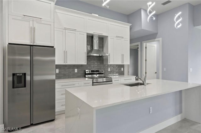2218 SW 25th St, Cape Coral, FL 33914 - kitchen with appliances with stainless steel finishes, wall chimney range hood, white cabinets, decorative backsplash, and an island with sink
