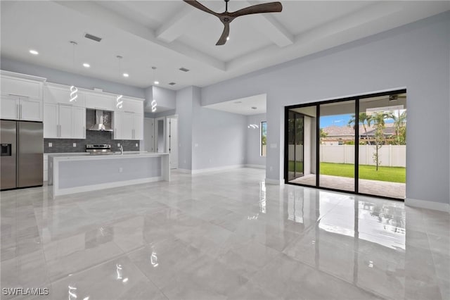 2218 SW 25th St, Cape Coral, FL 33914 - unfurnished living room with ceiling fan, beamed ceiling, coffered ceiling, recessed lighting, and light marble finish floors