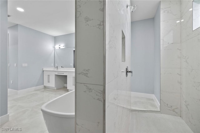 2218 SW 25th St, Cape Coral, FL 33914 - bathroom featuring marble look tiles, a freestanding bath, vanity, and walk in shower