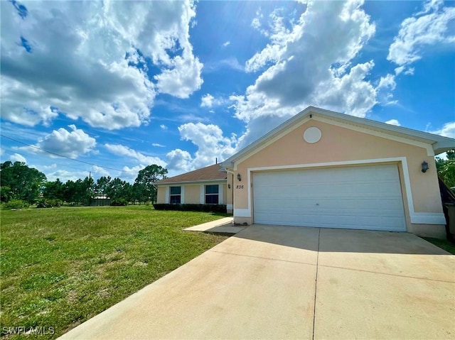 836 Dawhert Ave S, Lehigh Acres, FL 33974 - single story home with stucco siding, concrete driveway, a front yard, and a garage