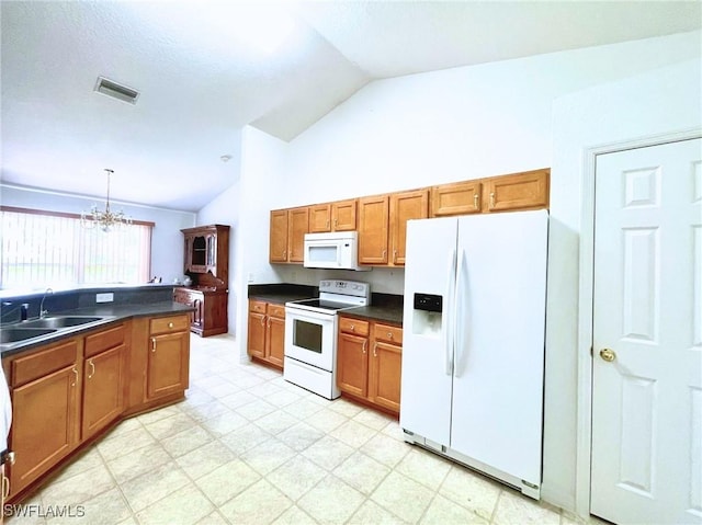 836 Dawhert Ave S, Lehigh Acres, FL 33974 - kitchen featuring white appliances, a chandelier, dark countertops, brown cabinets, and decorative light fixtures