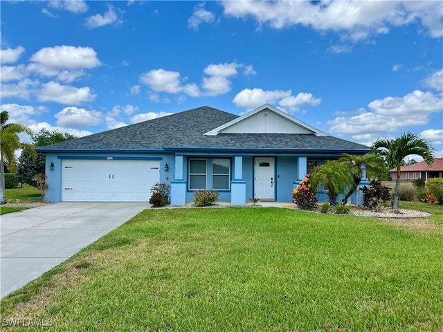 8000 Fountain Mist Blvd, Lehigh Acres, FL 33972 - view of front of property with roof with shingles, driveway, a front lawn, a garage, and stucco siding