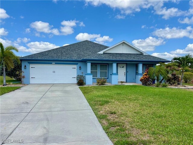 8000 Fountain Mist Blvd, Lehigh Acres, FL 33972 - ranch-style house featuring a front yard, stucco siding, a garage, driveway, and a shingled roof
