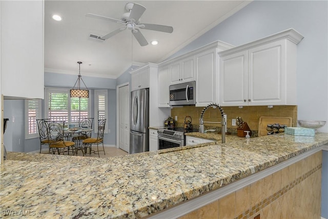 2770 Cypress Trace Cir Unit 2428, Naples, FL 34119 - kitchen featuring stainless steel appliances, vaulted ceiling, light stone countertops, tasteful backsplash, and ornamental molding