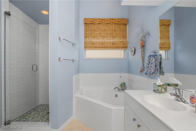 2770 Cypress Trace Cir Unit 2428, Naples, FL 34119 - full bath with a bath, vanity, a shower stall, recessed lighting, and tile patterned floors