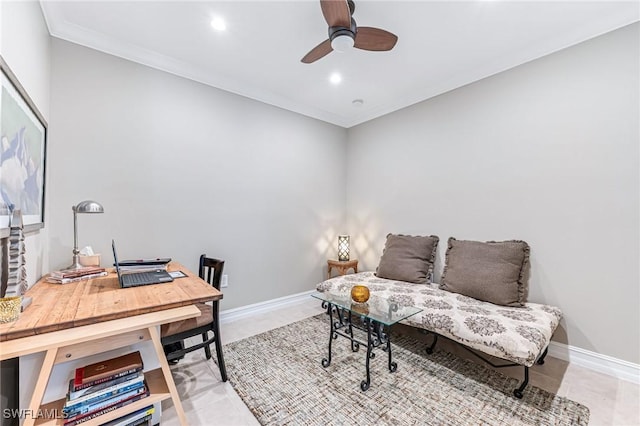 28082 Sosta Ln Unit 2, Bonita Springs, FL 34135 - office featuring a ceiling fan, recessed lighting, crown molding, and light tile patterned floors