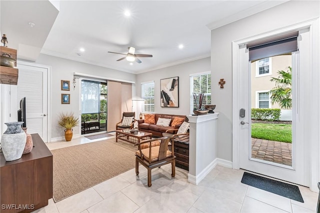 28082 Sosta Ln Unit 2, Bonita Springs, FL 34135 - living room featuring ornamental molding, a ceiling fan, recessed lighting, and light tile patterned floors