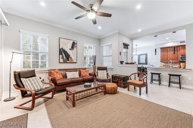 28082 Sosta Ln Unit 2, Bonita Springs, FL 34135 - living room with light tile patterned floors, recessed lighting, a ceiling fan, and ornamental molding