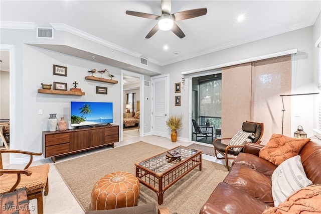 28082 Sosta Ln Unit 2, Bonita Springs, FL 34135 - living area with a ceiling fan, ornamental molding, and recessed lighting