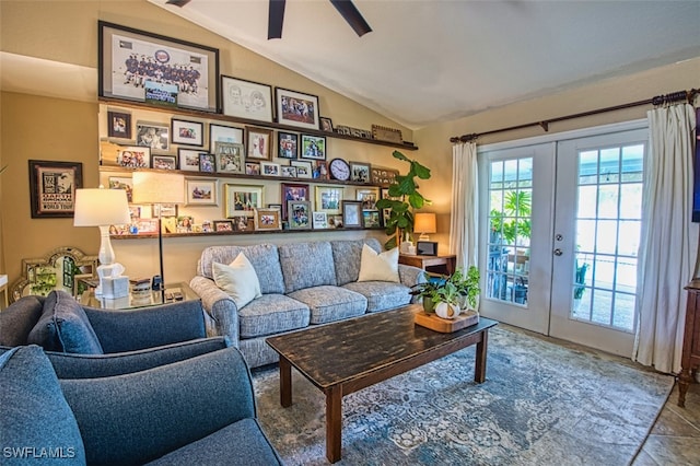 4512 SW 20th Ave, Cape Coral, FL 33914 - living area with lofted ceiling, french doors, and ceiling fan