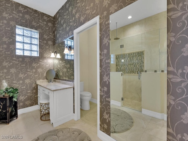 23220 Whispering Ridge Dr, Estero, FL 34135 - bathroom with a stall shower, wallpapered walls, and vanity