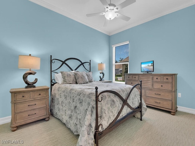 23220 Whispering Ridge Dr, Estero, FL 34135 - bedroom with light carpet, ornamental molding, and a ceiling fan