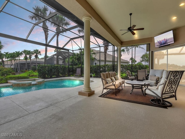 23220 Whispering Ridge Dr, Estero, FL 34135 - view of pool featuring outdoor lounge area, a patio area, ceiling fan, and glass enclosure