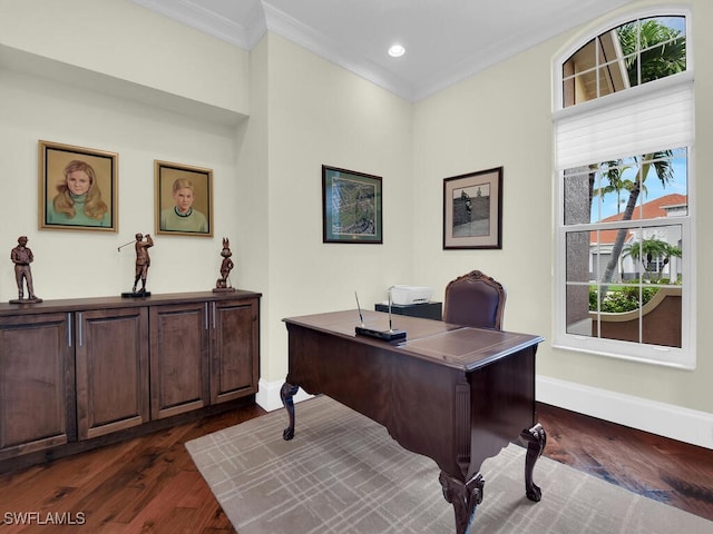 23220 Whispering Ridge Dr, Estero, FL 34135 - home office featuring ornamental molding, dark wood-style flooring, and recessed lighting