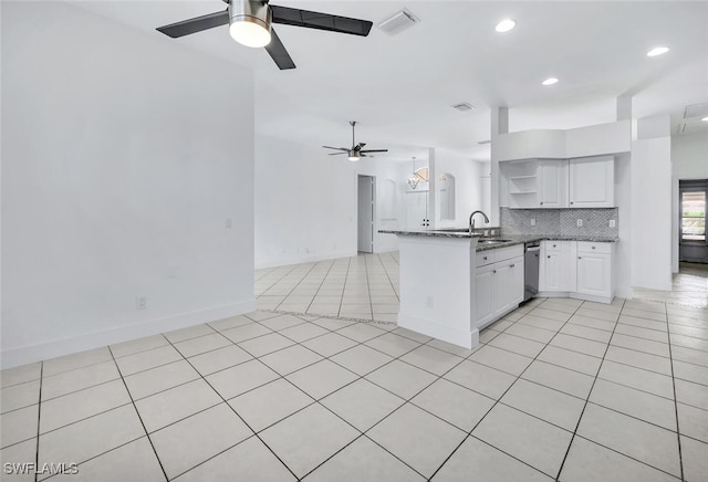 973 Summerfield Dr, Naples, FL 34120 - kitchen with dishwasher, open shelves, a ceiling fan, open floor plan, and white cabinetry