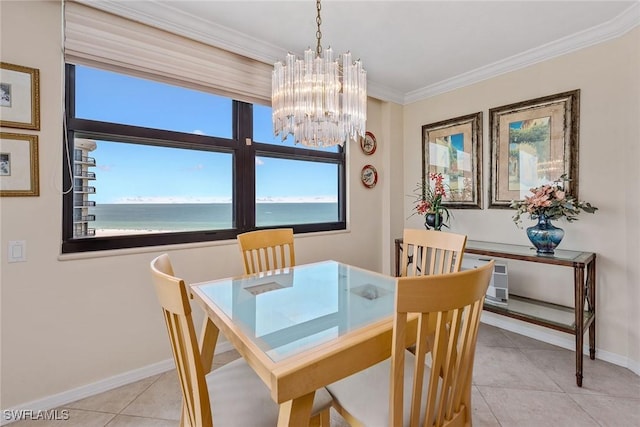 176 S Collier Blvd Unit 1107, Marco Island, FL 34145 - dining space with a chandelier, ornamental molding, light tile patterned floors, and plenty of natural light