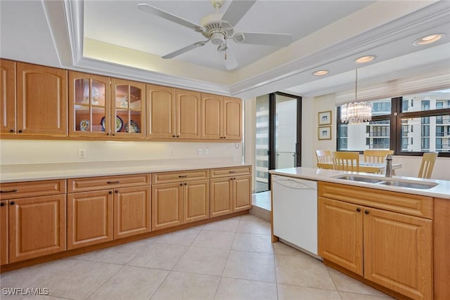 176 S Collier Blvd Unit 1107, Marco Island, FL 34145 - kitchen featuring white dishwasher, decorative light fixtures, light countertops, glass insert cabinets, and a chandelier