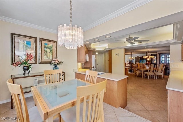 176 S Collier Blvd Unit 1107, Marco Island, FL 34145 - dining room featuring a chandelier, crown molding, light tile patterned floors, ceiling fan, and recessed lighting