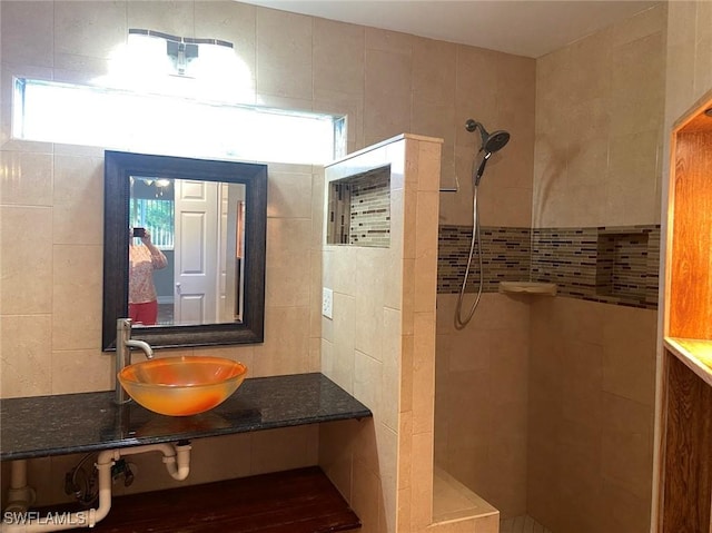 914 Avery St E, Lehigh Acres, FL 33974 - bathroom featuring a walk in shower, tile walls, and plenty of natural light