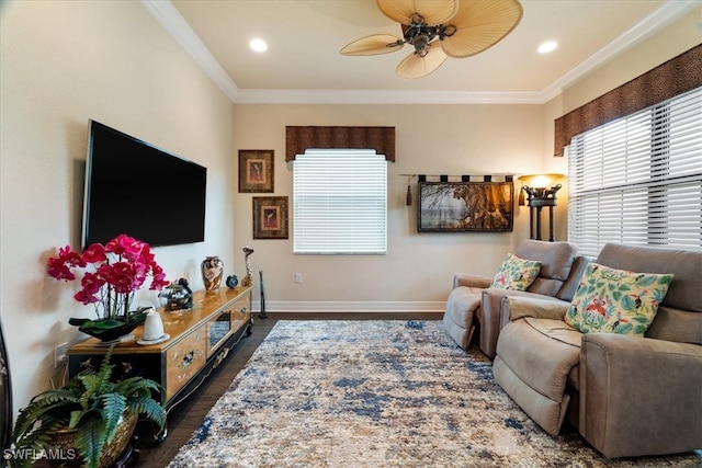 3051 Hudson Ter, Naples, FL 34119 - living room featuring plenty of natural light, ceiling fan, dark wood finished floors, crown molding, and recessed lighting