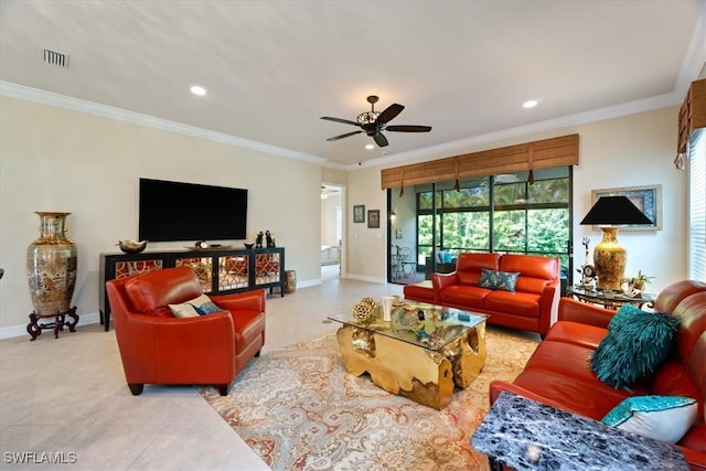 3051 Hudson Ter, Naples, FL 34119 - tiled living room with a ceiling fan, ornamental molding, and recessed lighting