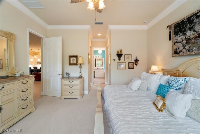 3051 Hudson Ter, Naples, FL 34119 - bedroom featuring ornamental molding, light colored carpet, and a ceiling fan
